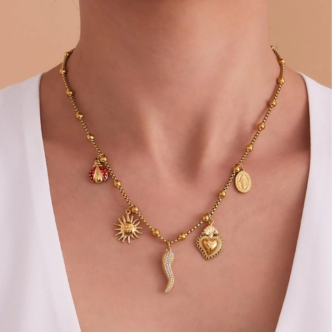 Stainless Steel Multi Pendant Necklace Gold Ladybug Sun Heart Cornicello Zirconia Jewelry For Women