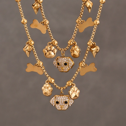Stainless Steel Zircon Puppy Jewelry Set For Women Dog Bone Heart Paw Print Pendant Necklace Bracelet Gold Silver Jewelry