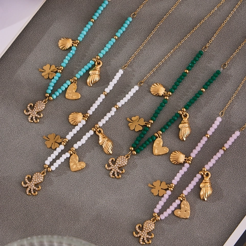 Ocean Style Stainless Steel Octopus Pendant Necklace For Women Natural Stone Beaded Bohemian Shell Heart Lucky Clover Jewelry