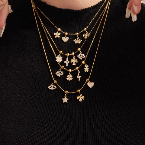 18K Gold Plated Stainless Steel DIY Necklace With Zirconia Heart Cross Pendant Adjustable Chain Light Luxury Women Jewelry