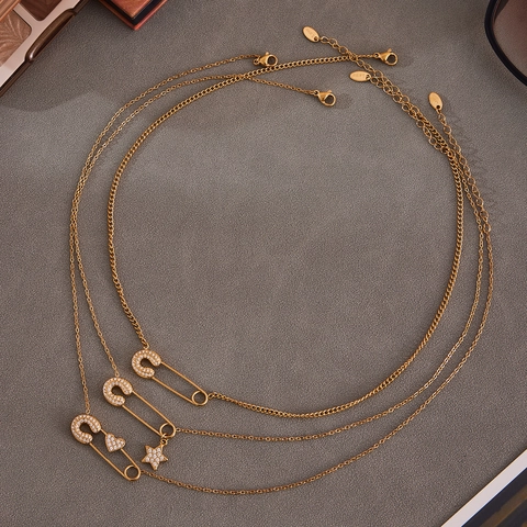 Collana con Ciondolo a Spilla da Balia in Acciaio Inossidabile e Zirconia per Donna Oro Argento Stella Cuore Gioielli