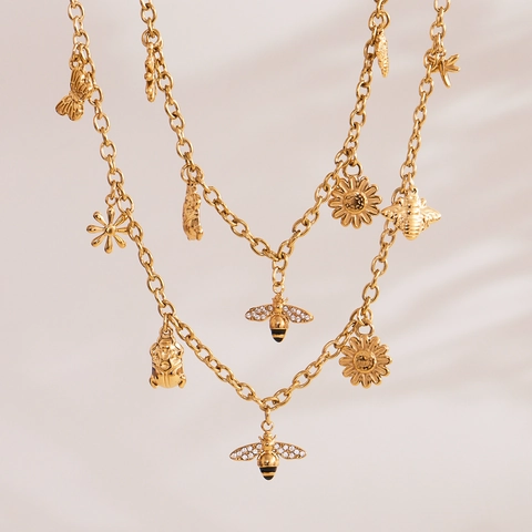 Edelstahl Biene Schmetterling Blume Anhänger Schmuck Set Für Damen Gold Silber Zirkonia DIY Halskette Armband Fußkettchen Mode Schmuck