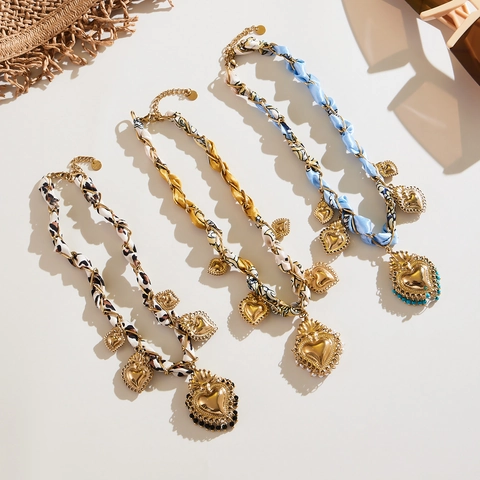 Set Gioielli Cuore Acciaio Inossidabile Donna Vintage Bohemian Sciarpa Seta Avvolto Collana Bracciale Pietra Naturale