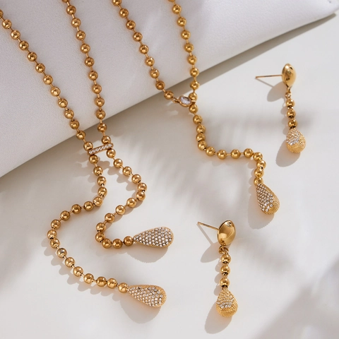 18K Gold Plated Stainless Steel Y Necklace And Teardrop Cubic Zirconia Drop Earrings Elegant Fashion Jewelry For Women