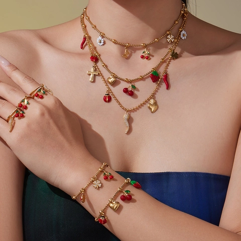 Bohemian Stainless Steel Jewelry Set For Women Gold Silver Plated Enamel Cherry Strawberry Ladybug Chili Heart Zircon Necklace Bracelet Ring