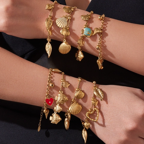 Ocean Style Stainless Steel Charm Bracelet For Women Gold Plated Shell Fish Heart Leaf Bell Pendant Jewelry Marine Beach Gift