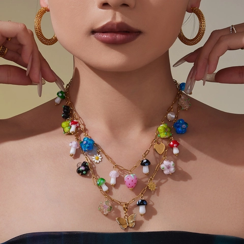 Stainless Steel Necklace With Colorful Resin Mushroom Flower Butterfly Zircon Heart Pendants Sweet Y2K Jewelry For Women