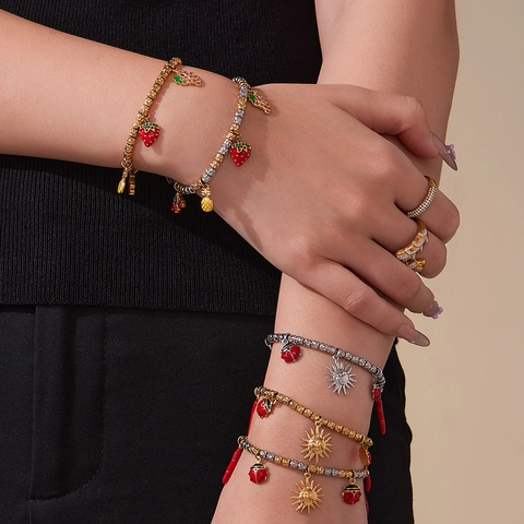Pulsera de Amuletos de Cuentas de Acero Inoxidable Para Mujer Chapado en Oro Goteo de Aceite Chile Sol Fruta Estrás Joyería