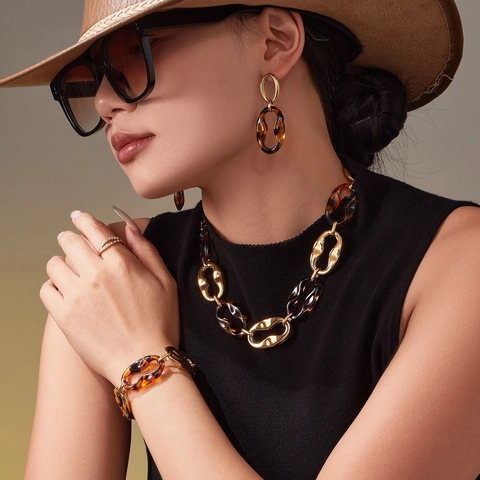 Vintage Stainless Steel Resin Leopard Pattern Jewelry Necklace Bracelet Earrings For Women Geometric Gold Plated Jewelry