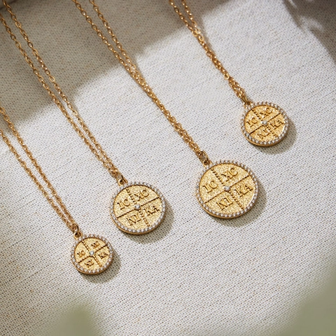 Edelstahl Zirkon Runde Scheibe Anhänger Halskette Vintage Religiöse IC XC NI KA Münze Schmuck Für Damen Vergoldete Kette
