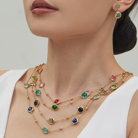 Roestvrij Stalen Gekleurde Glassteen Sieraden Set 18K Verguld Ronde Edelsteen Ketting Armband Oorbellen Vrouwen Sieraden