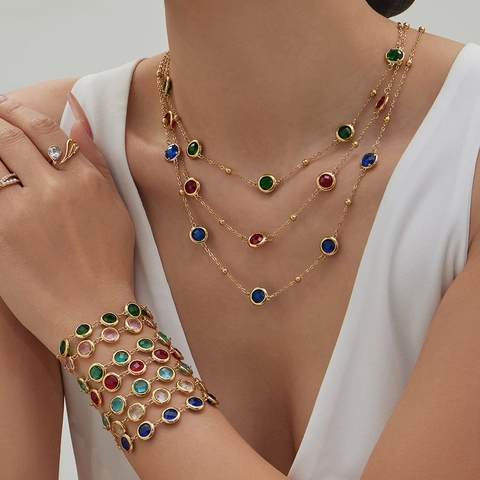 Roestvrij Stalen Gekleurde Glassteen Sieraden Set 18K Verguld Ronde Edelsteen Ketting Armband Oorbellen Vrouwen Sieraden