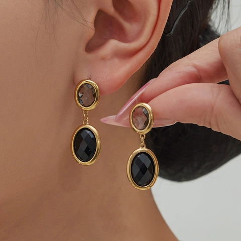 Stainless Steel Geometric Oval Faceted Glass Stone Dangle Earrings 18k Gold Plated Vintage Minimalist Jewelry For Women