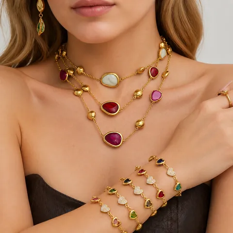Stainless Steel Colorful Resin Heart Zirconia Jewelry Set Gold Silver Plated Multilayer Necklace And Bracelet For Women Fashion