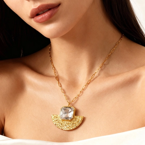 Ensemble de Bijoux Vintage en Acier Inoxydable en Forme d'Éventail pour Femmes Boucles d'Oreilles Statement en Pierre de Verre Collier Pendentif