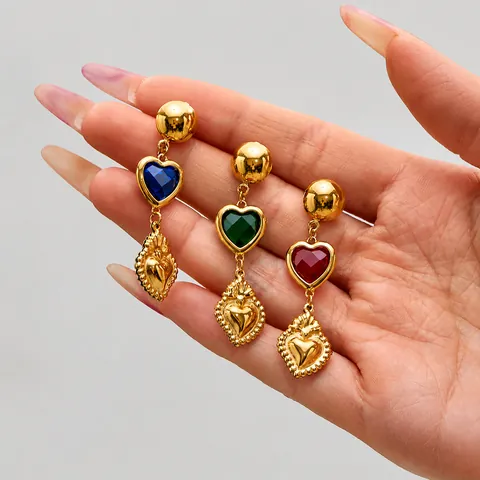 Vintage Stainless Steel Heart Pendant Necklace And Earrings Collection For Women 18K Gold Plated Zirconia Glass Stone Jewelry