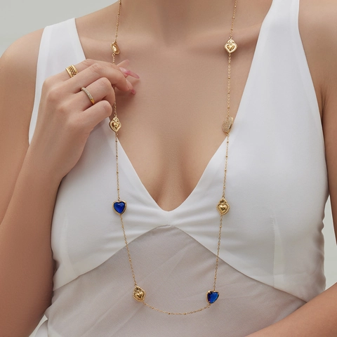 Franse Vintage Roestvrij Staal Hart Sieraden Ketting Oorbellen Collectie Kleurrijke Zirkonia Glassteen Strass Accessoire Voor Dames