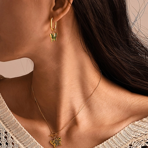 Collana Con Pendente Farfalla E Orecchini In Acciaio Inossidabile Per Donna Smalto Placcato Oro Argento Gioielli Insetto Regalo