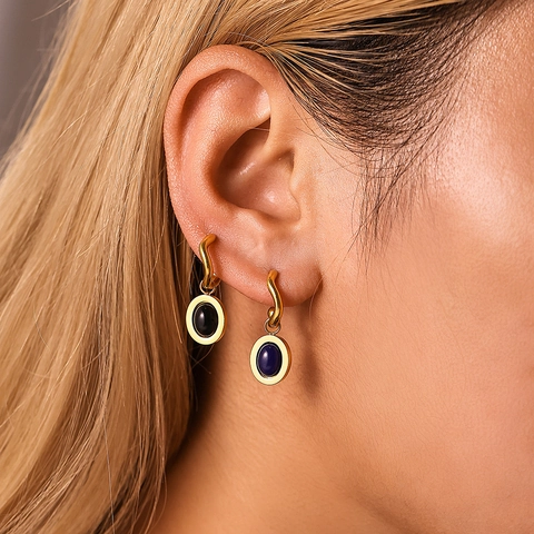 Orecchini Pendenti in Acciaio Inossidabile Ovali in Agata Nera e Pietra Blu Placcati Oro 18K Gioielli Eleganti Donna