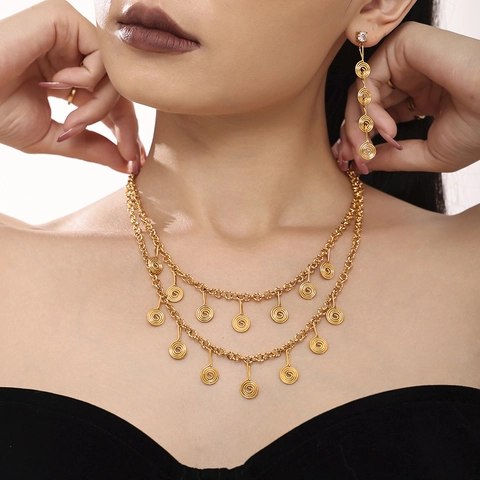Stainless Steel Jewelry Set For Women Spiral Pendant Necklace Tassel Long Drop Earrings Anklet Gold Silver Fashion Jewelry