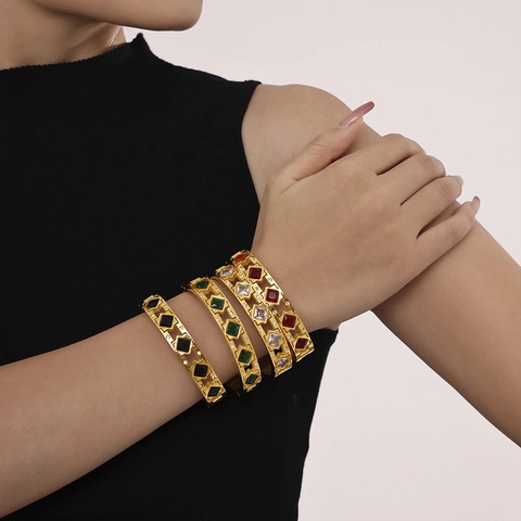 Brazalete de Lujo de Acero Inoxidable con Diamantes de Imitación Cuadrados para Mujer Chapado en Oro PVD Joyería de Moda Regalo