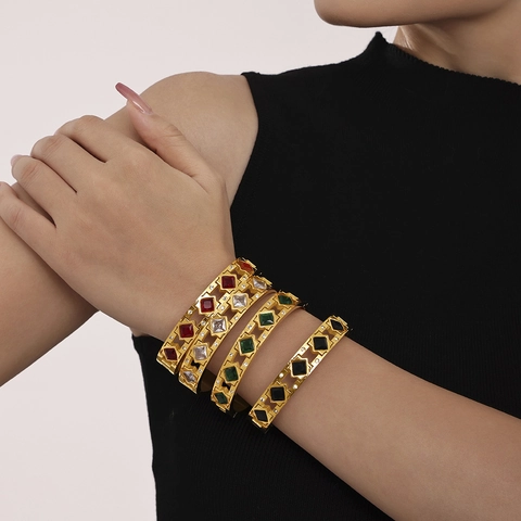 Brazalete de Lujo de Acero Inoxidable con Diamantes de Imitación Cuadrados para Mujer Chapado en Oro PVD Joyería de Moda Regalo
