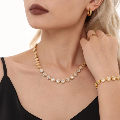 Stainless Steel Zircon Heart Round Necklace And Bracelet Jewelry Collection For Women Gold Silver Multicolor Luxury Jewelry