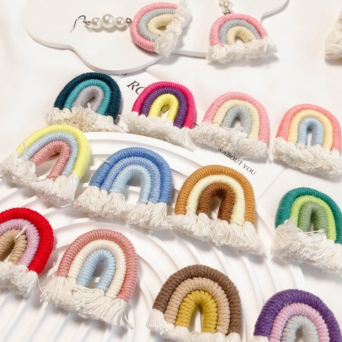 Handmade Woven Rainbow Tassel Pendant Cotton Rope Macrame Charms With Artificial Pearl For DIY Earrings Keychains Boho Jewelry Making