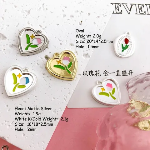 Colgantes de Aleación de Esmalte con Forma de Corazón y Óvalo de Tulipán para Creación de Joyería DIY Amuletos de Flores Hechos a Mano para Accesorios de Collar Pulsera