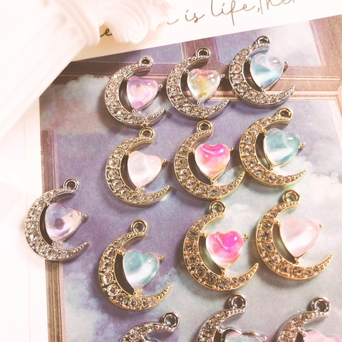 Aurora Moonstone Effect Moon Heart Alloy Pendants Rhinestone Inlaid Jewelry Making Accessories For Earrings Necklace Bracelet DIY