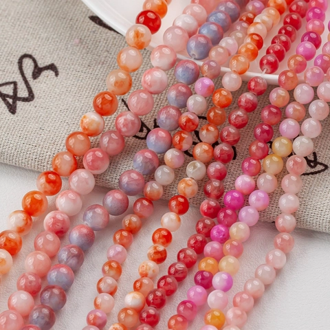 Natural Jade Round Beads Pink Gradient Marble Texture Loose Stone Beads For DIY Jewelry Making Bracelet Necklace Accessories