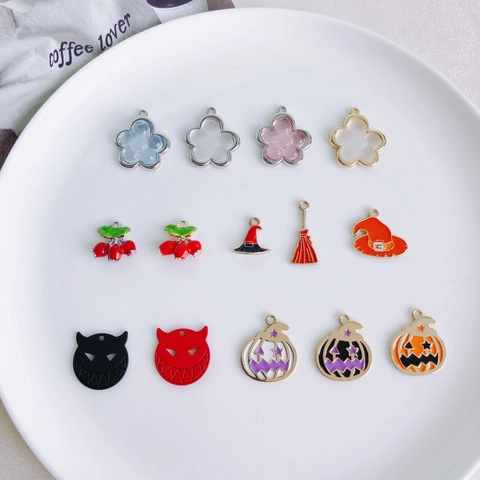 Alloy Drip Oil Halloween Pumpkin Witch Hat Devil Cherry Flower Pendant Charms For DIY Necklace Bracelet Jewelry Making