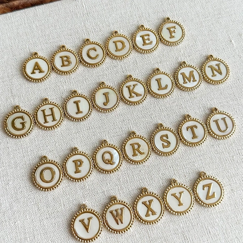 Stainless Steel Alphabet Letter Pendant Shell Inlay Round Coin Gold Silver Plated Pendant Only Without Chain
