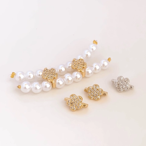 Accesorios de Joyería DIY Cuentas Espaciadoras de Cobre Bañadas en Oro Real Forma de Flor con Diamantes de Imitación y Doble Fila de Perlas Artificiales