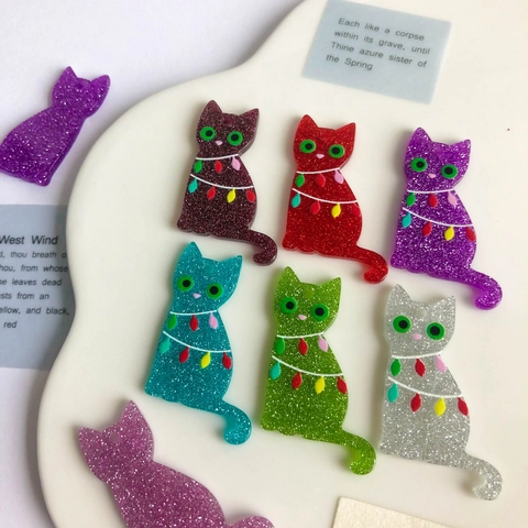 Cute Cartoon Cat Pendants Glitter Cellulose Acetate Charms Holiday Lights Printed For DIY Jewelry Making Accessories