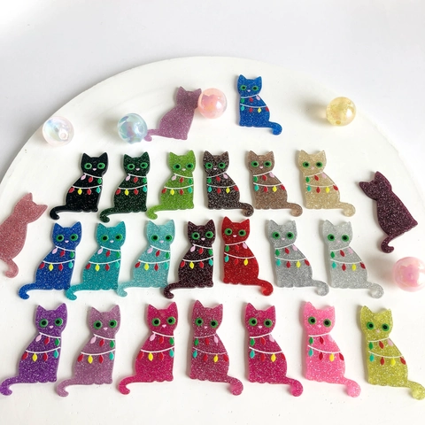 Cute Cartoon Cat Pendants Glitter Cellulose Acetate Charms Holiday Lights Printed For DIY Jewelry Making Accessories