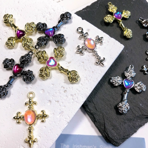 Vintage Gothic Alloy Rose Cross Pendant Only (Without Chain) For DIY Jewelry Making Heart Gemstone Inlaid Cross Charm
