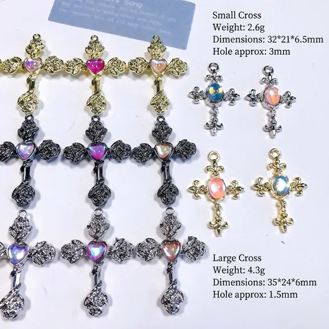 Vintage Gothic Alloy Rose Cross Pendant Only (Without Chain) For DIY Jewelry Making Heart Gemstone Inlaid Cross Charm