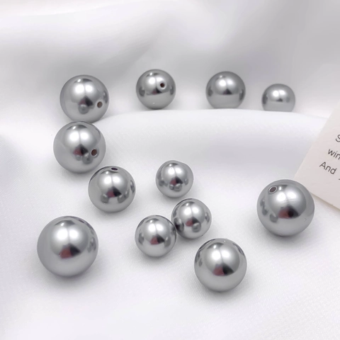 Gray Silver Metallic Luster Acrylic Glass Artificial Pearl Beads Round Half Straight Hole DIY Jewelry Making Pendants Accessories