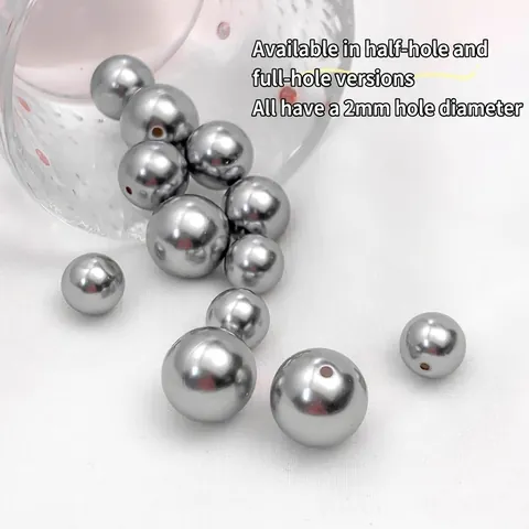 Gray Silver Metallic Luster Acrylic Glass Artificial Pearl Beads Round Half Straight Hole DIY Jewelry Making Pendants Accessories