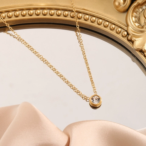 Minimalist Stainless Steel Pendant Necklace For Women Gold Rose Gold Plated Round Single Rhinestone Bezel Set Clavicle Chain Jewelry