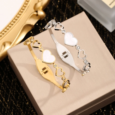 Damen Titanstahl Herz Hohl Offenes Armband Mit Weißer Perlmutt Schale Inlay Zirkonia Mode Schmuck Geschenk