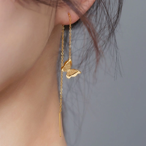 Butterfly Tassel Ear Threads Titanium Steel Frosted Double Layer Wings Long Drop Earrings For Women Niche Design Jewelry