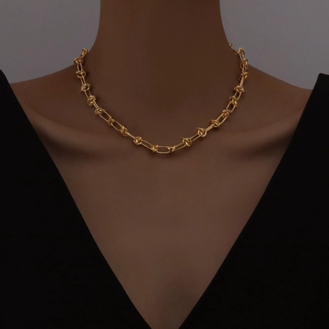 Collar De Cadena Con Nudos De Acero De Titanio Chapado En Oro De 18K Estilo Hip Hop Punk Eslabones Gruesos Unisex