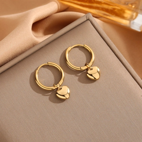 Women Minimalist Gold Plated Titanium Steel Heart Pendant Hoop Earrings Elegant Tarnish Resistant Fashion Jewelry