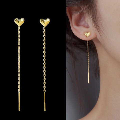 Heart Shape Stainless Steel Long Tassel Threader Earrings With Silver Earring Post Elegant Gold Plated Dangle For Women