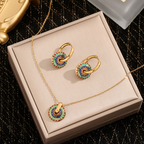 Vintage Stainless Steel Colorful Enamel Flower Pendant Necklace And Hoop Earrings Gold Plated Palace Style Jewelry For Women
