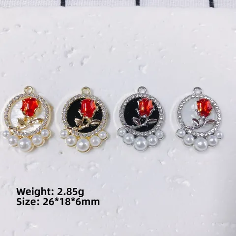 Vintage Legierung Rote Rose Nur Anhänger (Ohne Kette) Mit Strass Und Imitationsperle Rund DIY Schmuckherstellung Zubehör