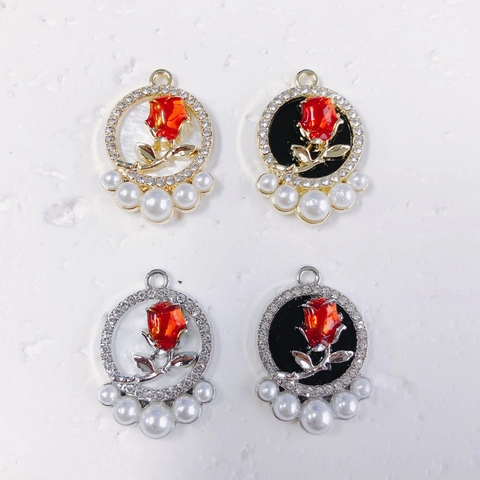 Vintage Legierung Rote Rose Nur Anhänger (Ohne Kette) Mit Strass Und Imitationsperle Rund DIY Schmuckherstellung Zubehör
