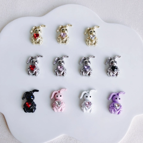 Cute Alloy Bunny Rabbit Heart Charm Pendants For DIY Jewelry Making Rhinestone Inlaid Cartoon Rabbit Animal Handmade Charms Accessory